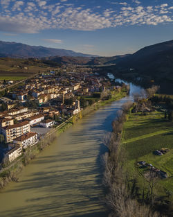 Aerial view of pontassieve along arno river, sieci, tuscany, italy.