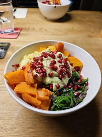 High angle view of food in plate on table