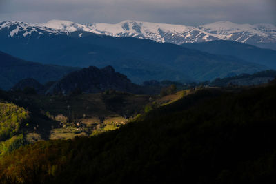 Scenic view of snowcapped mountains against sky