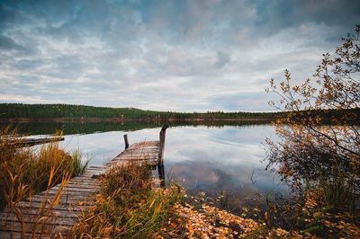 Scenic view of lake against cloudy sky