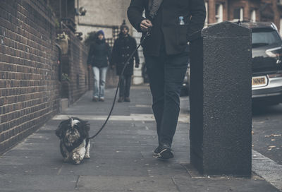 Low section of people walking with dog on street in city