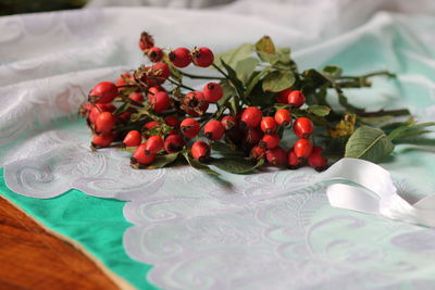 High angle view of strawberries on table