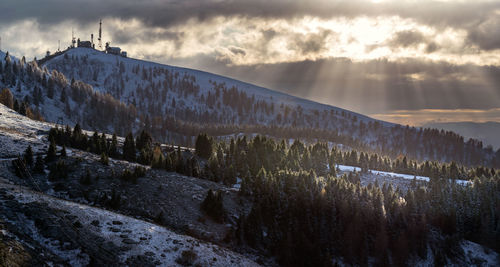 Mountain winter landscape. stormy sky covered with clouds. alpe del nevegal, belluno, italy