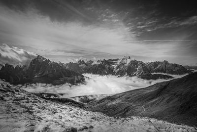 Black and white panorama of pustertal valley covered by clouds
