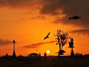 Low angle view of silhouette birds flying against orange sky