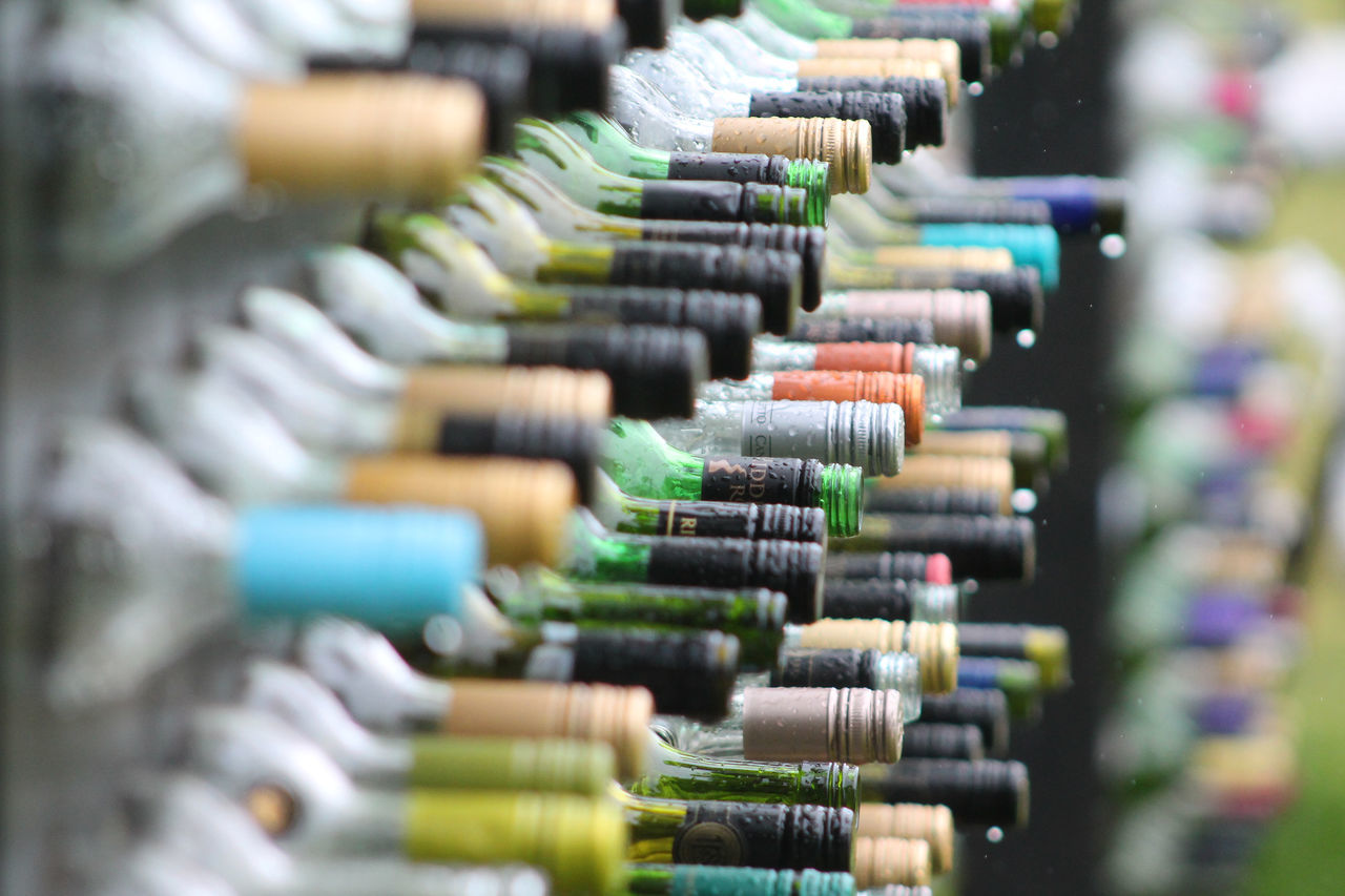 Wine bottles in the rain