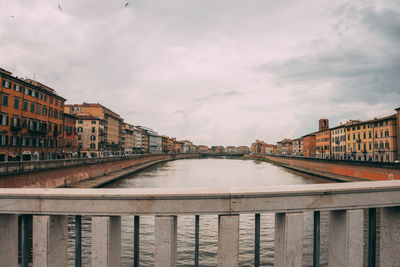 Bridge over river by buildings in city against sky