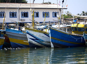 Boats moored at harbor