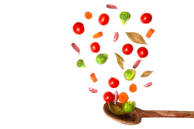 High angle view of multi colored candies against white background