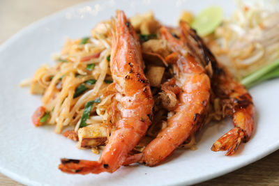 Close-up of seafood served in plate on table