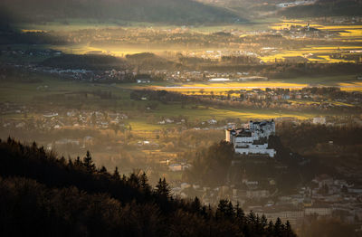 High angle shot of townscape against sky at sunset