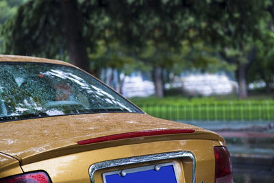 Close-up of red car on glass