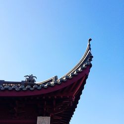 Low angle view of temple against clear blue sky