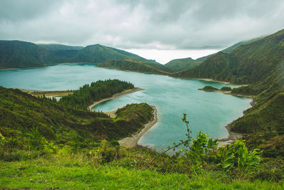 Scenic view of bay against sky