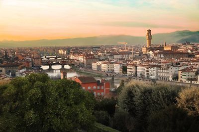 High angle view of buildings in city at sunset