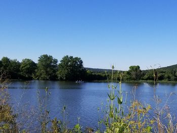 Scenic view of lake against clear blue sky