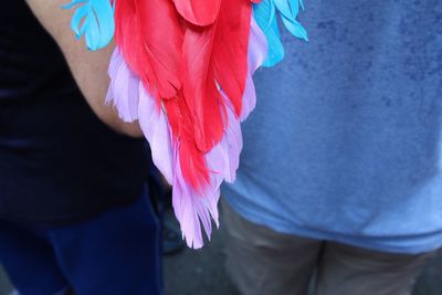 Midsection of men with multi colored artificial feathers standing on street