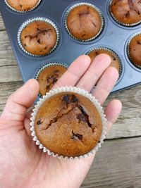 High angle view of hand holding muffin