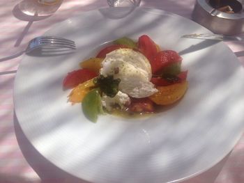 Close-up of dessert served on table