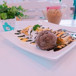 High angle view of ice cream in plate on table