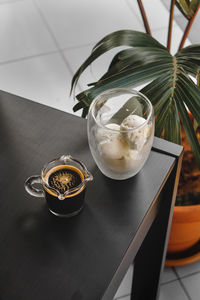 High angle view of drink on table