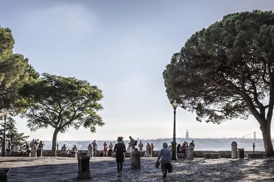 People walking by trees against sky