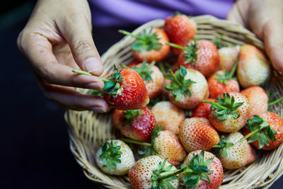 Midsection of woman holding strawberries