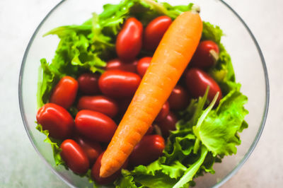 High angle view of salad in bowl on table