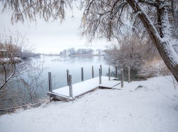 Scenic view of frozen lake against sky during winter