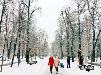 People walking on snow covered land