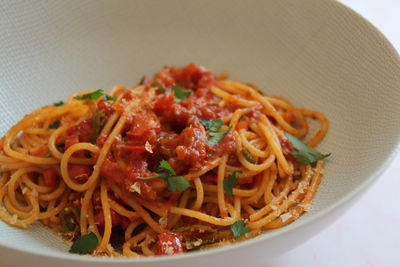 High angle view of noodles in bowl