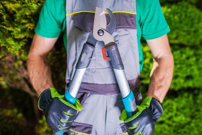 Midsection of gardener holding pruning shears