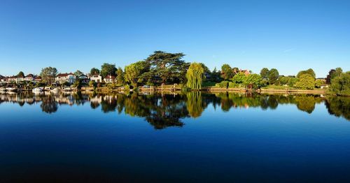 Scenic view of lake against clear blue sky