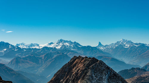 Scenic view of snowcapped mountains against clear blue sky