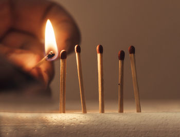 Close-up of illuminated candles on wood