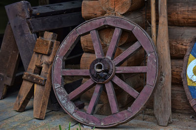 High angle view of old wheel on field