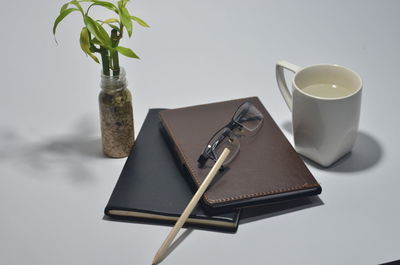 High angle view of coffee cup on table