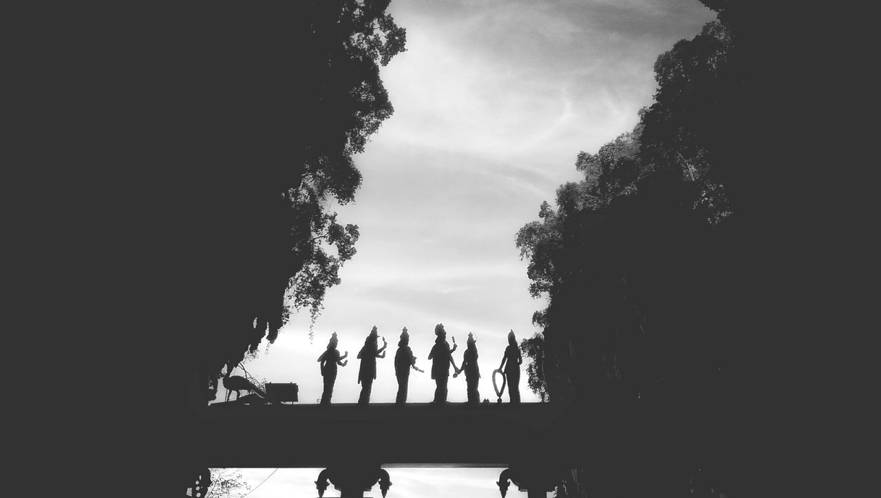 silhouette, tree, sky, railing, low angle view, men, built structure, nature, lifestyles, cloud - sky, architecture, outdoors, growth, day, unrecognizable person, person, sunlight, leisure activity, dusk