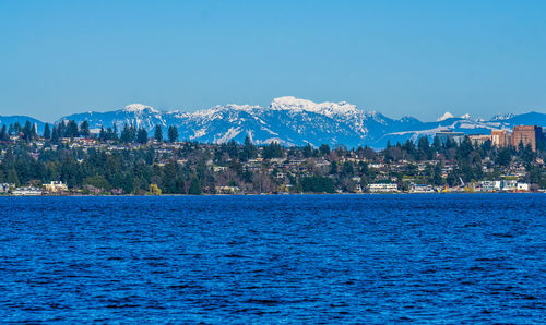 Scenic view of lake washington and mountains.
