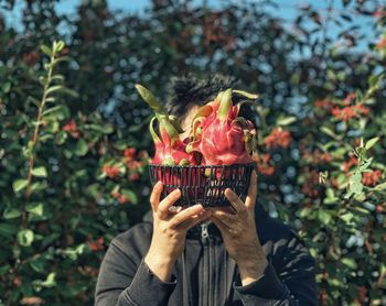 Midsection of man holding dragon fruits in black basket against plants and trees.