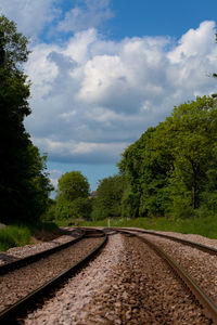 Railroad track amidst trees against sky