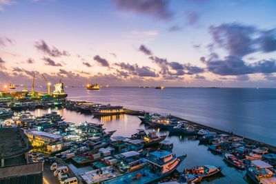 High angle view of sea against sky at sunset