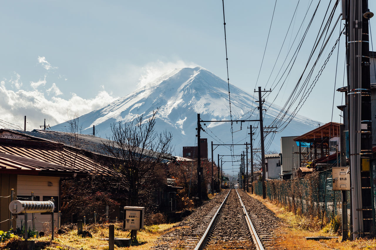 railroad track, transport, rail transportation, track, sky, transportation, railway, cable, electricity, architecture, nature, urban area, residential area, power line, built structure, no people, mode of transportation, mountain, building exterior, electricity pylon, cloud, snow, day, train, cityscape, vehicle, technology, power supply, winter, the way forward, outdoors, travel, city, cold temperature, travel destinations, public transportation, electrical supply, landscape, train station