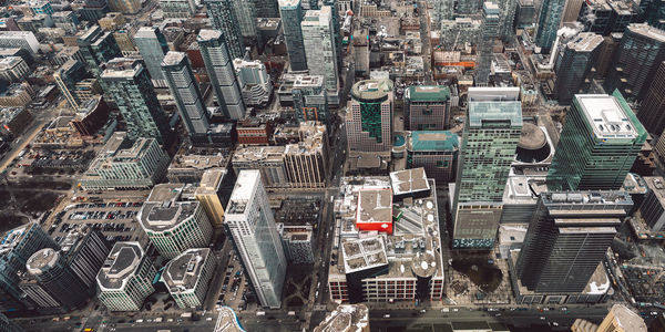 High angle view of modern buildings in city