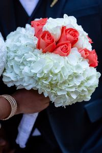Close-up of hand holding rose bouquet
