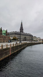 View of buildings by river against cloudy sky