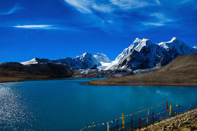 Scenic view of lake and snowcapped mountains against blue sky