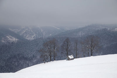 Scenic view of snow covered mountains against sky