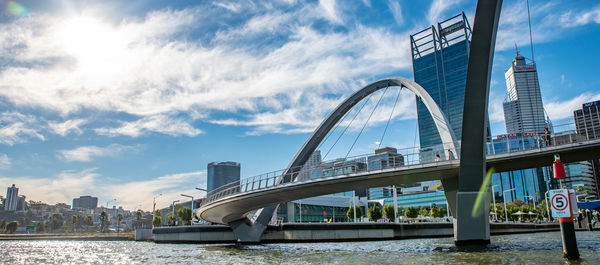 Bridge over river by buildings against sky