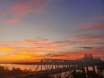 Bridge over river against orange sky